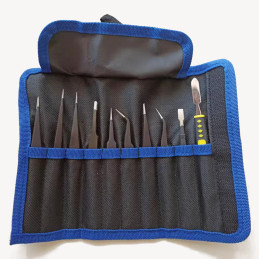 Lot de 10 pinces brucelles ESD en acier inoxydable avec trousse en tissu
