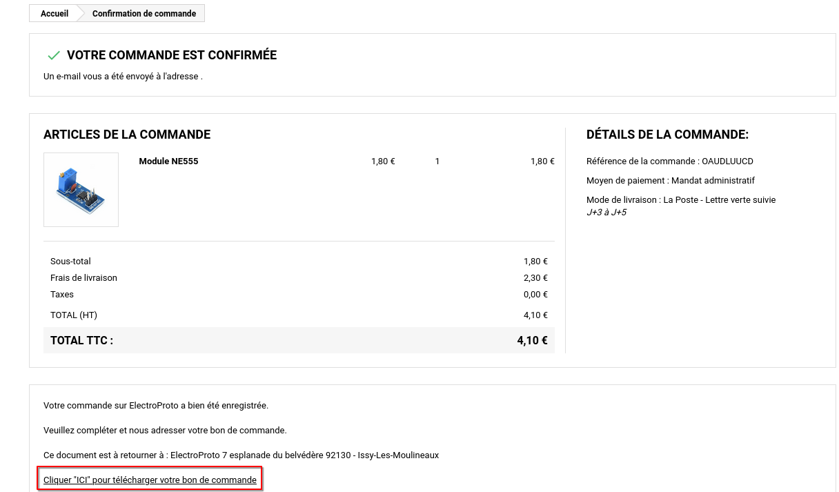 Validation de la commande
